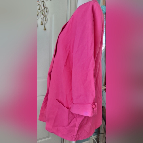 Vintage 80's Oversized Blazer Women's 14 Pink Cropped Sleeve Linen Like w/ Pocke - Picture 2 of 12